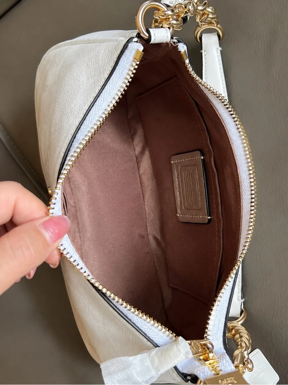 Coach White Signature Mini Shoulder Bag with Gold Chain